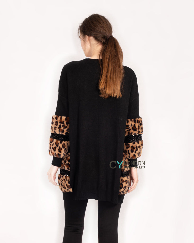 Faux leopard print fur cardigan with embellishment
