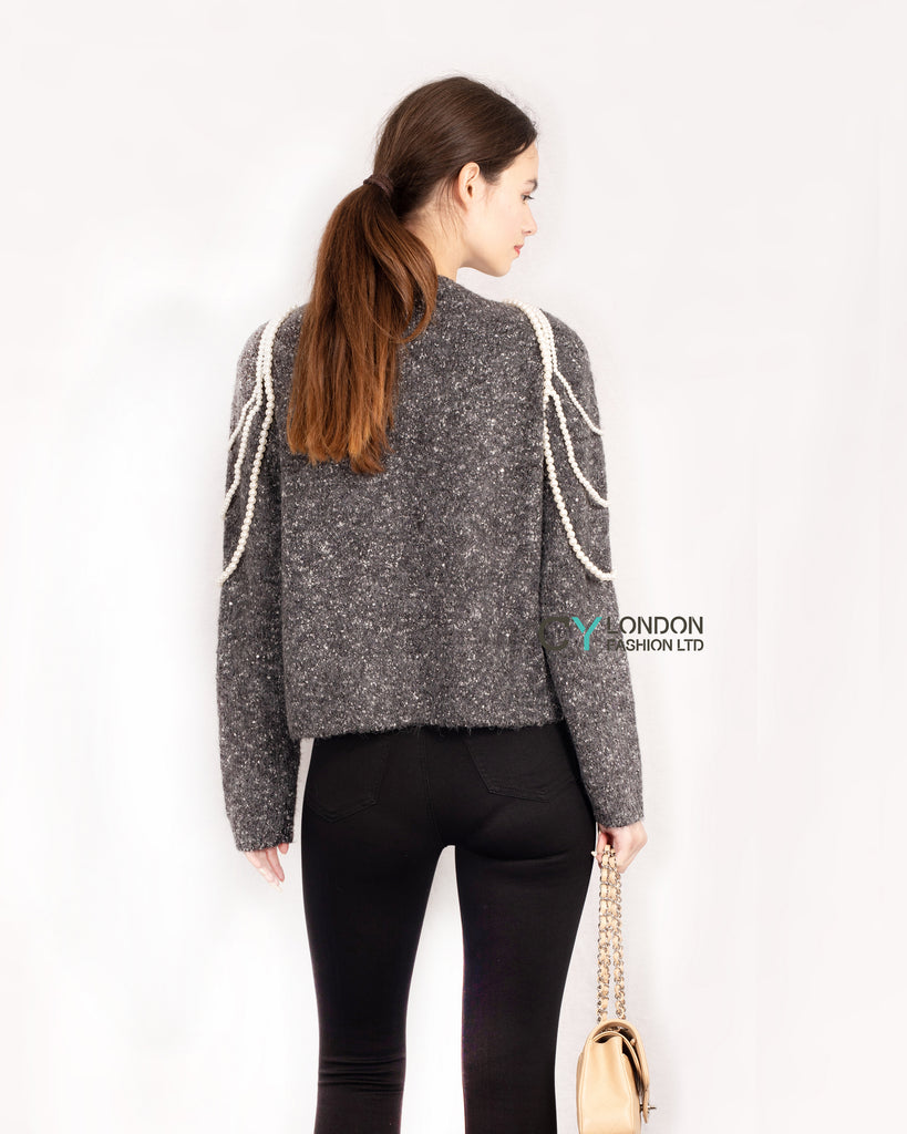 Dark Grey Cardigan with Pearl Chain Embellishments