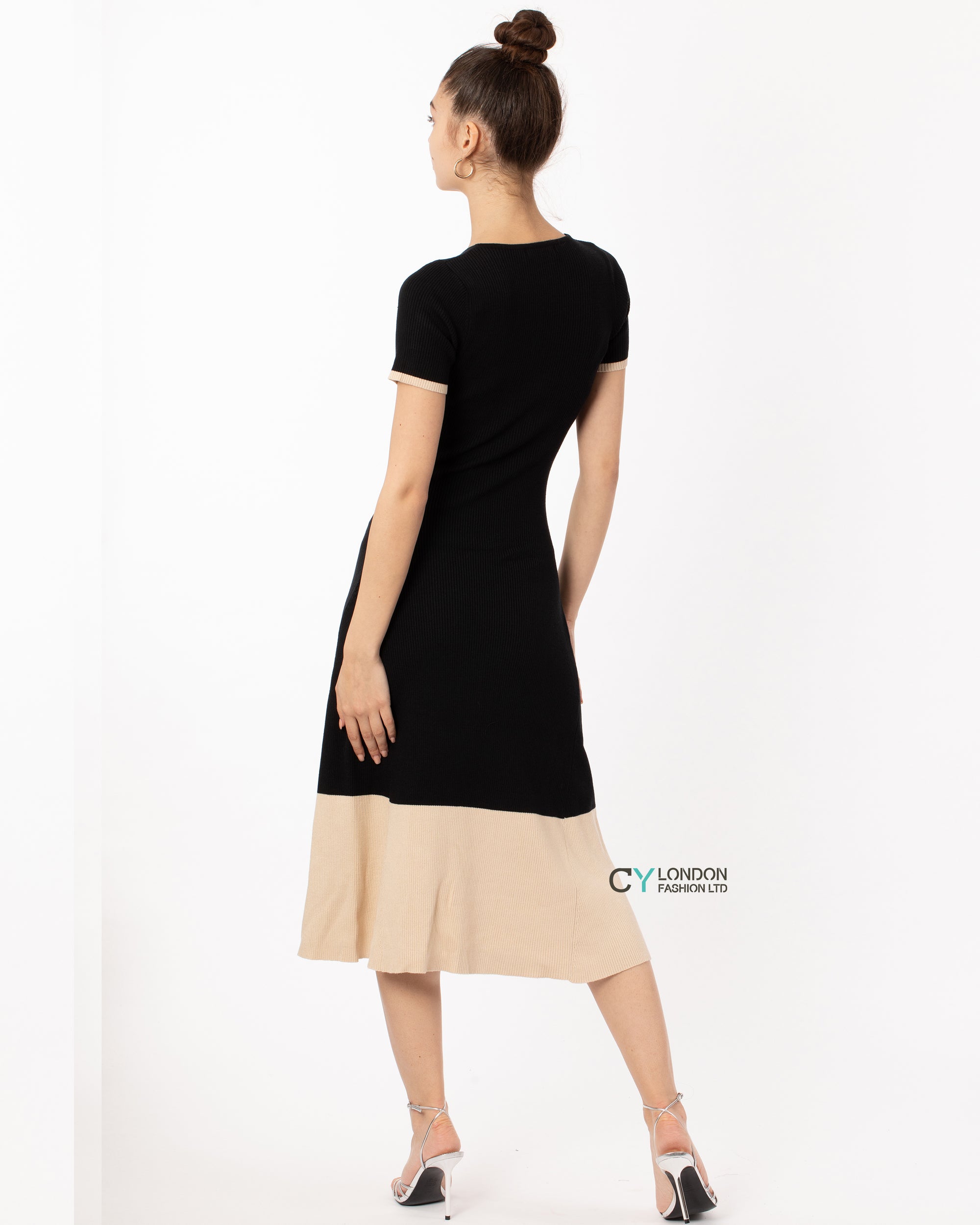 Soft Knitted Ribbed Midi Button down Bodycon Dress In Black Beige Cont CYLONDON Soft Knitted Ribbed Midi Button down Bodycon Dress In Black Beige Cont CYLONDON