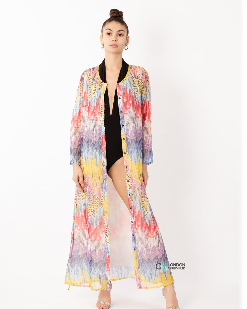 Printed long shirt dress in feather print