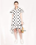 Polka Dot print dip hem dress with frill sleeves design in black white color