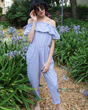 Blue Stripe Cotton Blend Jumpsuits
