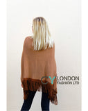 Faux Leather Tassel  Camel Knitted Cape