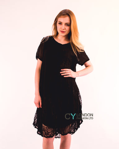 Lace and chiffon patchwork dress (Black)