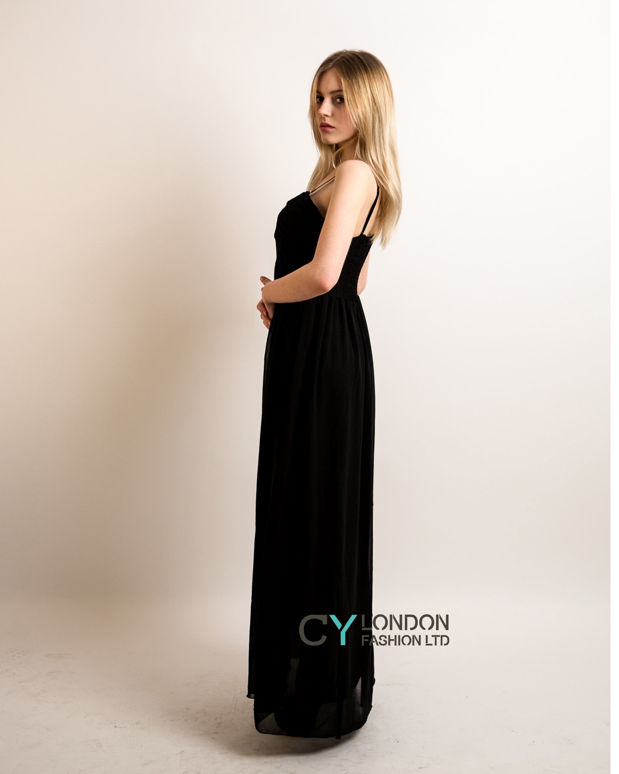 Pleated Bust &amp; Sweetheart Neckline Maxi Dress (Black)