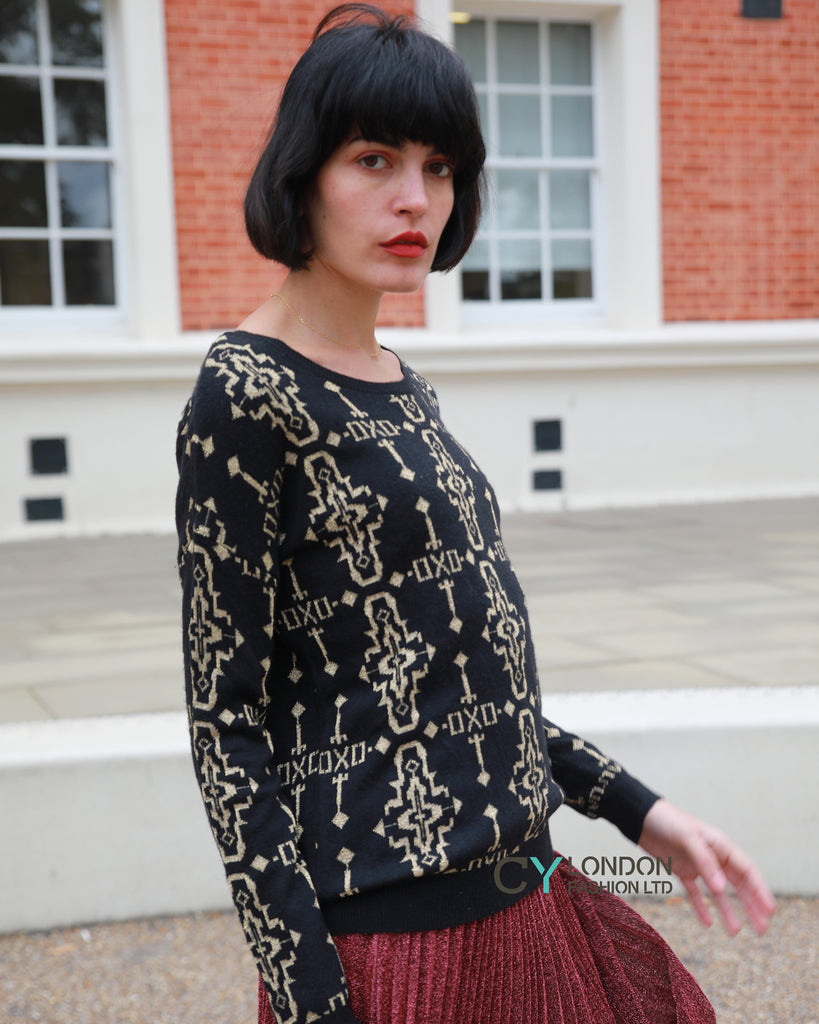 Metallic gold trims Fair-isle Print  Jumper