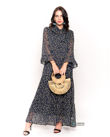 Floral print frilled sleeves maxi dress