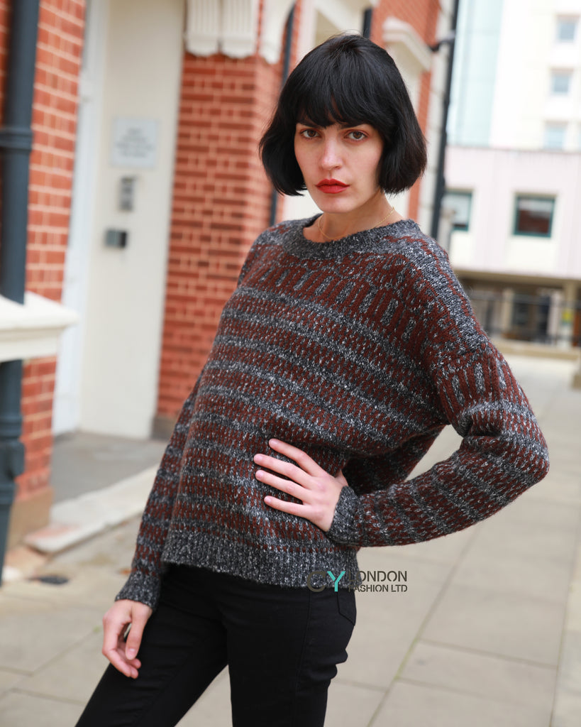 Stripe Print Thick Warm Jumper (Brown)