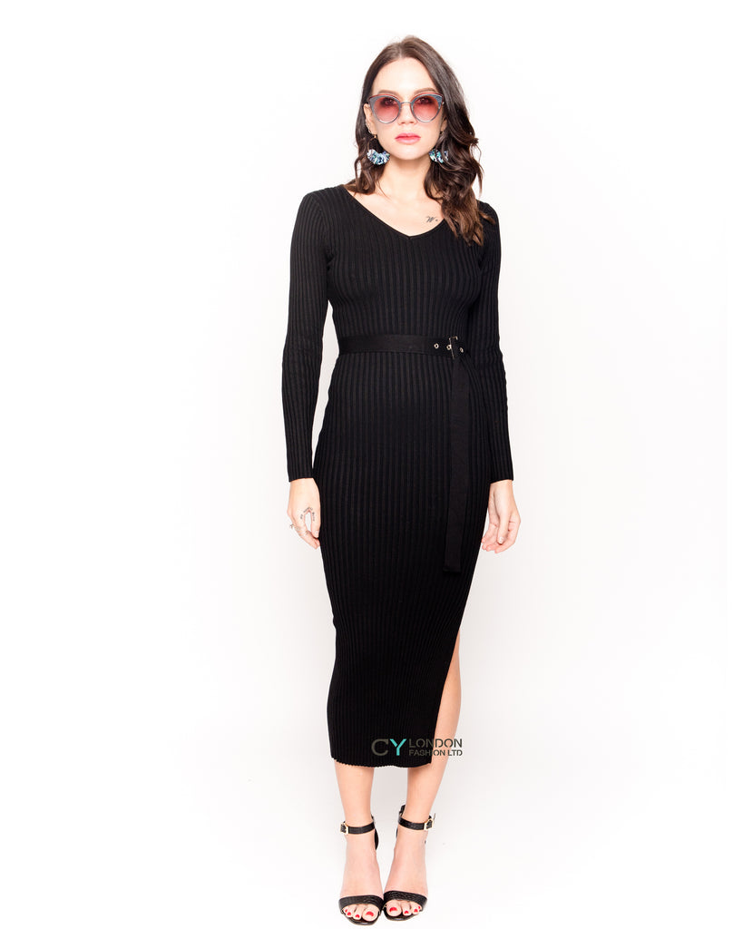 Soft knitted ribbed long bodycon dress with side split