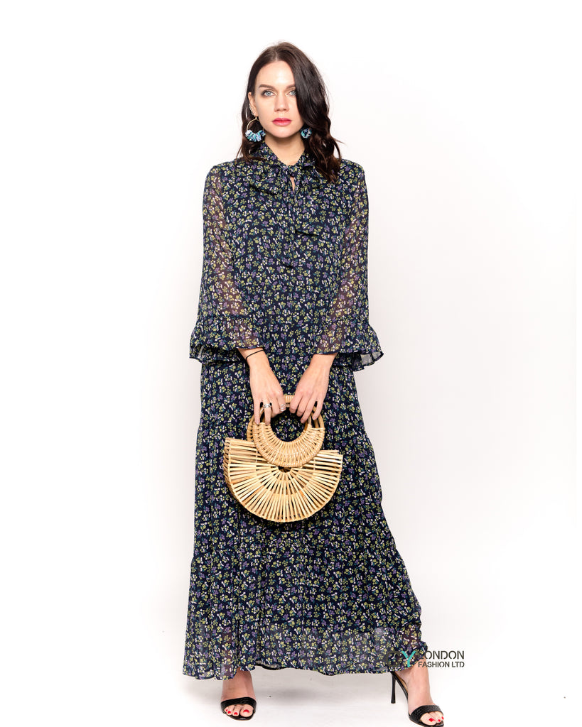 Floral print frilled sleeves maxi dress