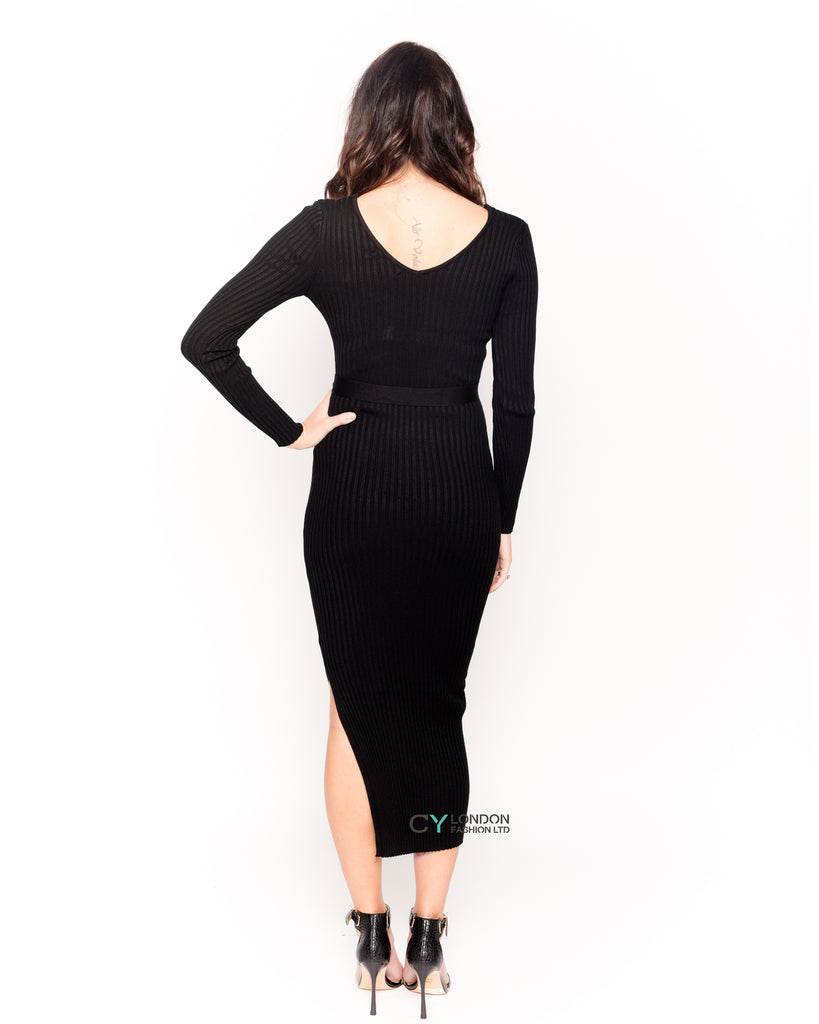 Soft knitted ribbed long bodycon dress with side split