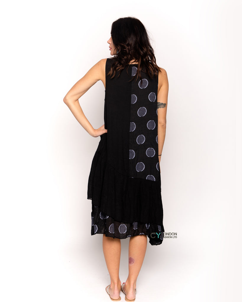 polka dot print contrast layer linen dress