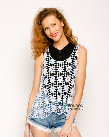 Floral Pattern Crochet Vest (Blue)