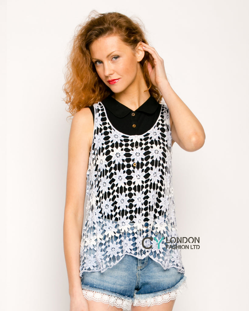 Floral Pattern Crochet Vest (Blue)