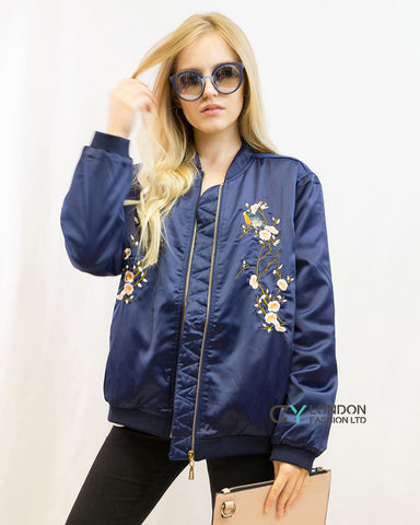 Bird & Floral embroidered quilted Satin Bomber Jacket