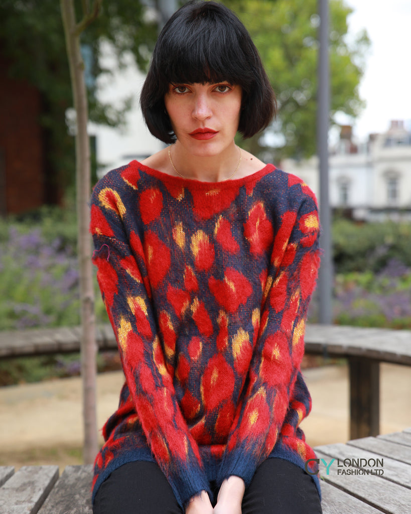 Multi color red & cream brushed mohair jumper