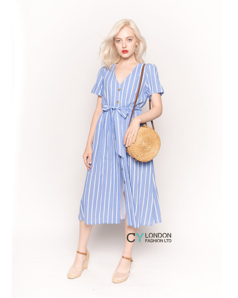 Short Sleeve V Neck Midi Dress in Blue and White Stripe