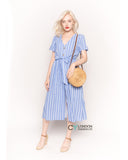 Short Sleeve V Neck Midi Dress in Blue and White Stripe