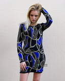 Knitted Bodycon Dress with Metallic Gold/Blue Abstract Print