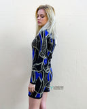 Knitted Bodycon Dress with Metallic Gold/Blue Abstract Print