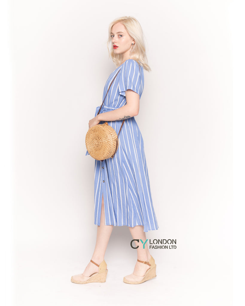 Short Sleeve V Neck Midi Dress in Blue and White Stripe