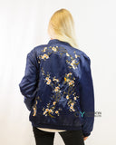 Bird & Floral embroidered quilted Satin Bomber Jacket