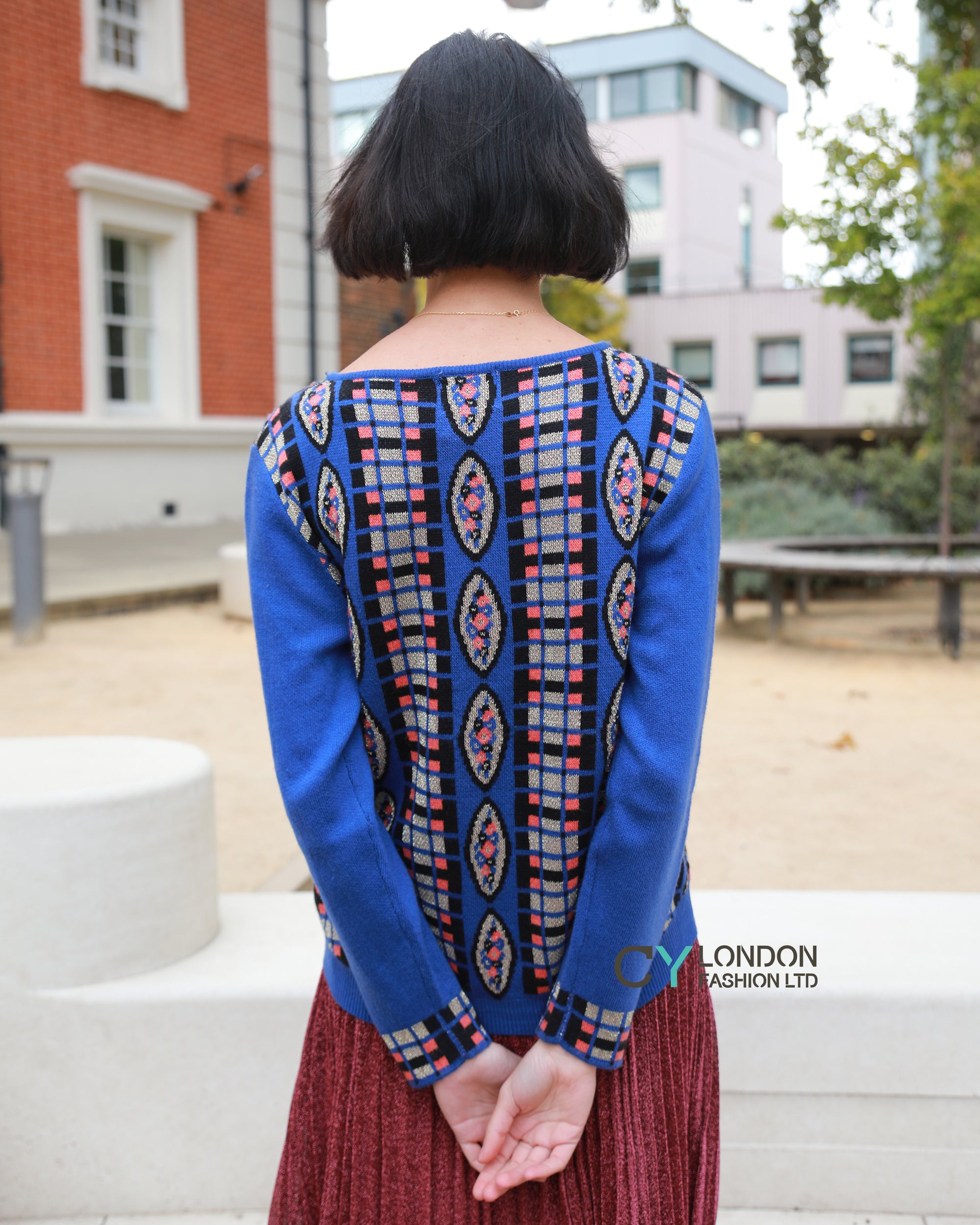 Metallic gold trims Fair isle Print Jumper