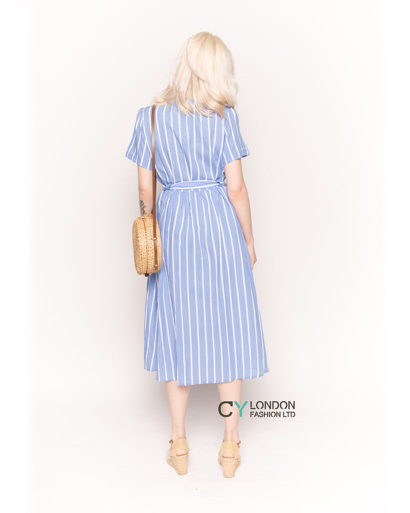 Short Sleeve V Neck Midi Dress in Blue and White Stripe