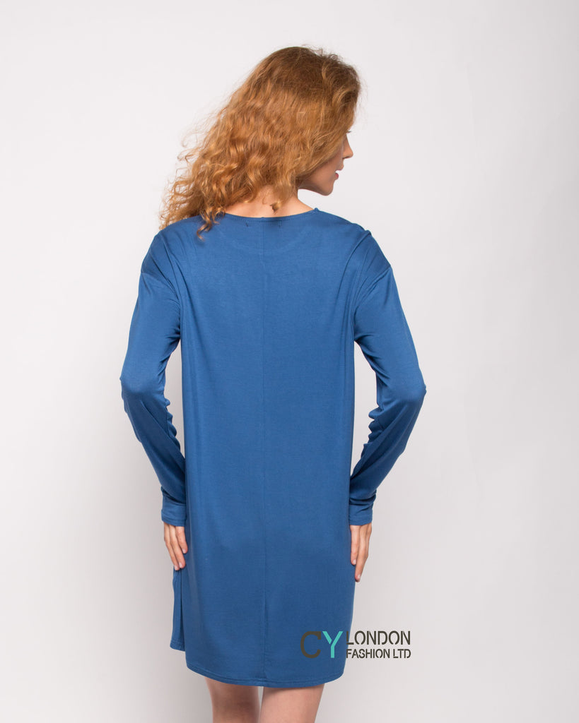 Plain Long Cotton T-shirt Dress (Blue)