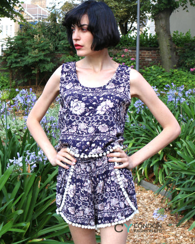 Floral print tassel vest top and shorts suits co-ords