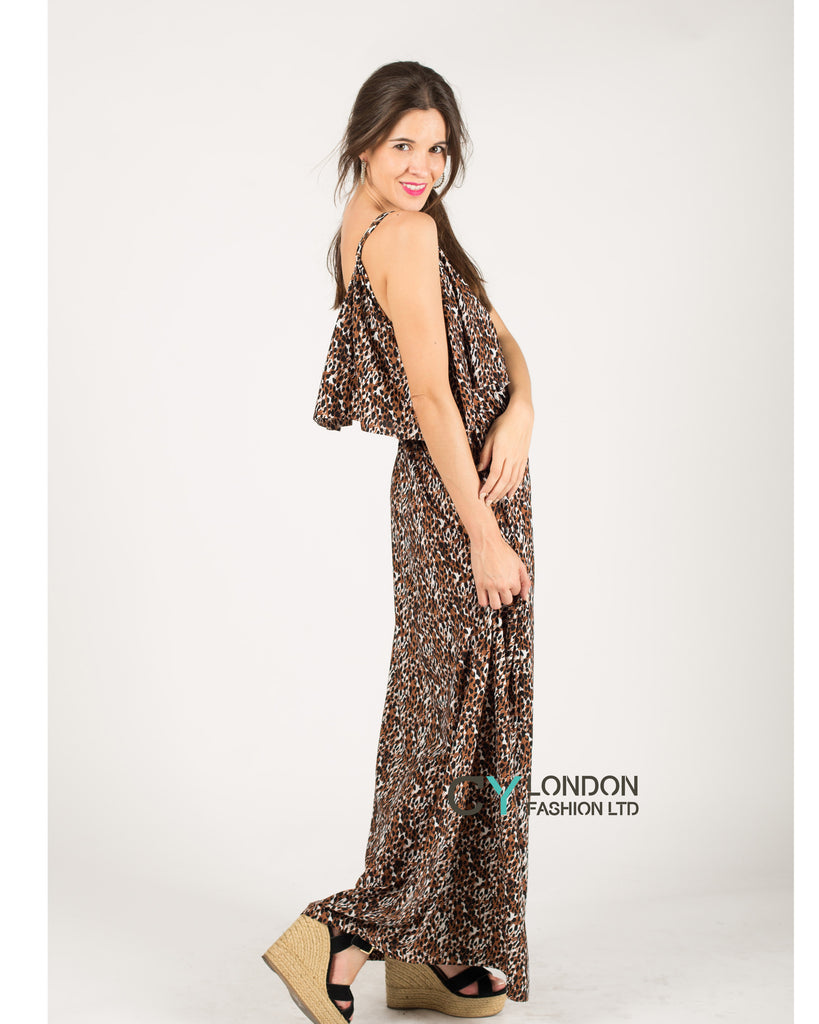 Leopard print frilled design Maxi dress