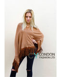 Faux Leather Tassel  Camel Knitted Cape