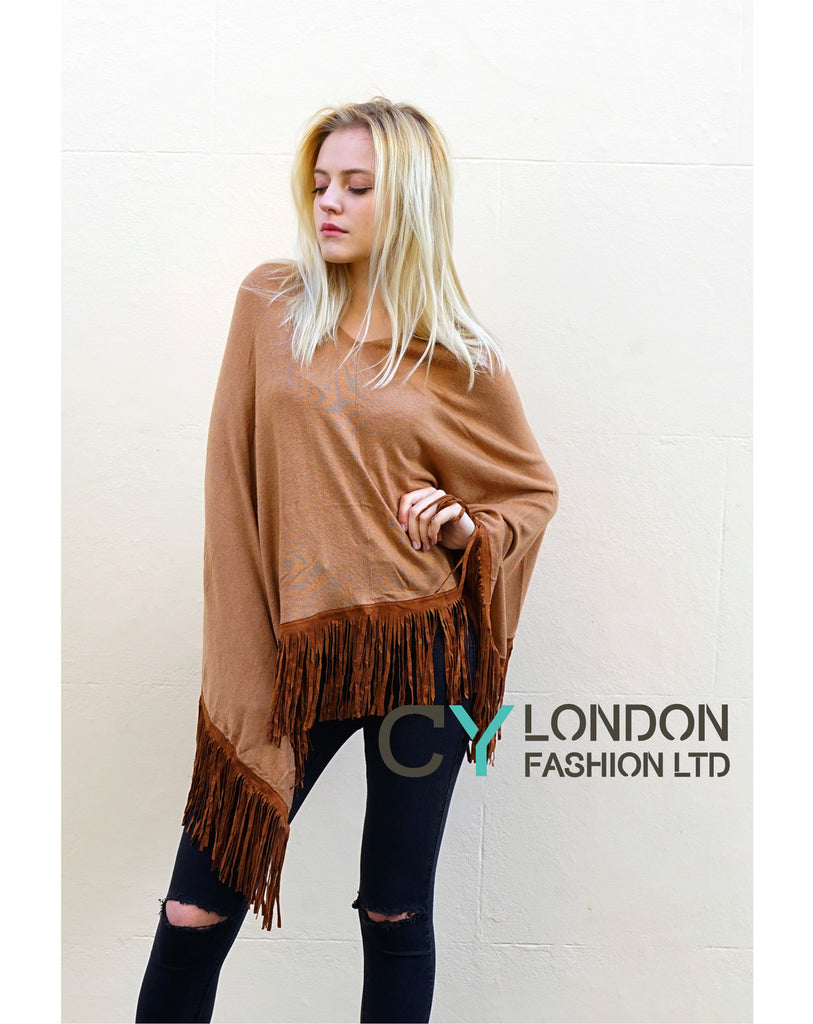 Faux Leather Tassel  Camel Knitted Cape