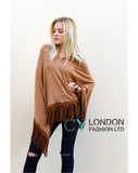 Faux Leather Tassel  Camel Knitted Cape