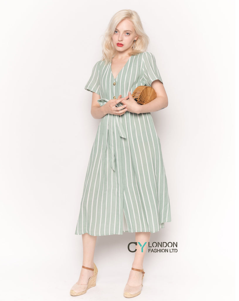 Short Sleeve V Neck Midi Dress in Green and White Stripe