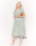 Short Sleeve V Neck Midi Dress in Green and White Stripe