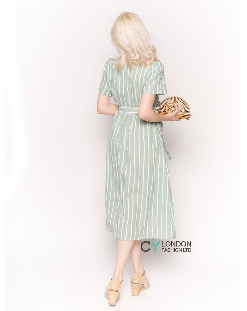 Short Sleeve V Neck Midi Dress in Green and White Stripe