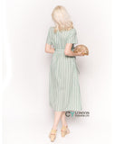 Short Sleeve V Neck Midi Dress in Green and White Stripe