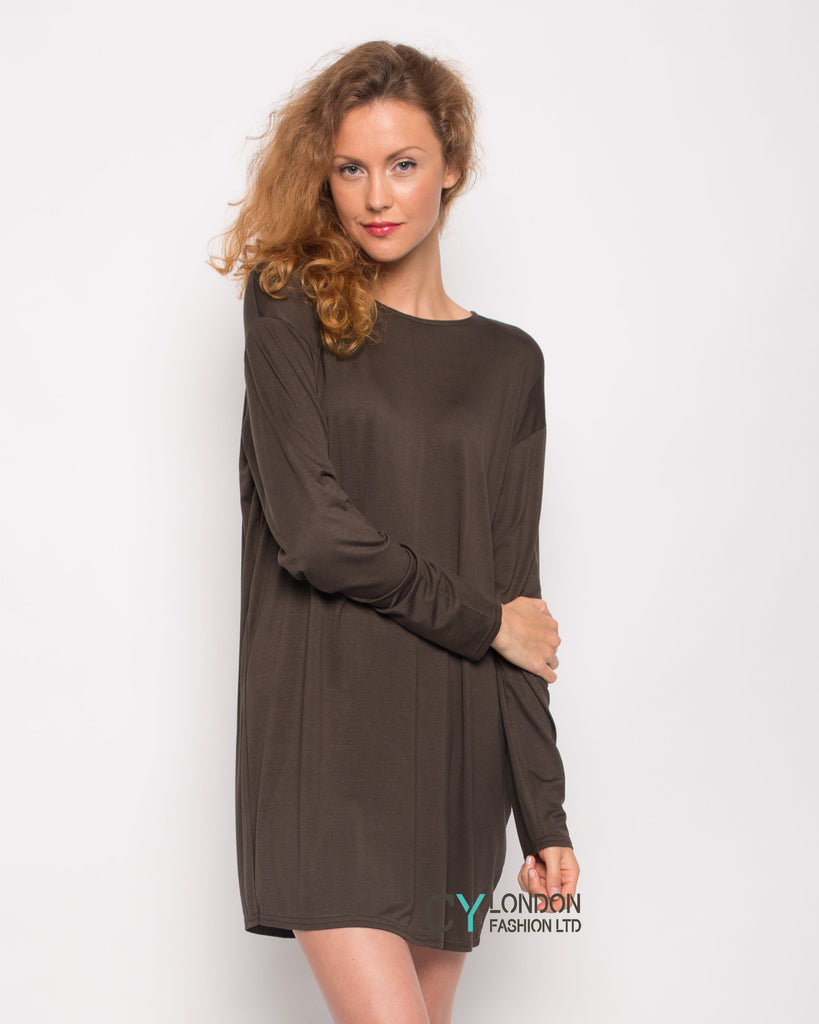 Plain Long Cotton T-shirt Dress (Green)