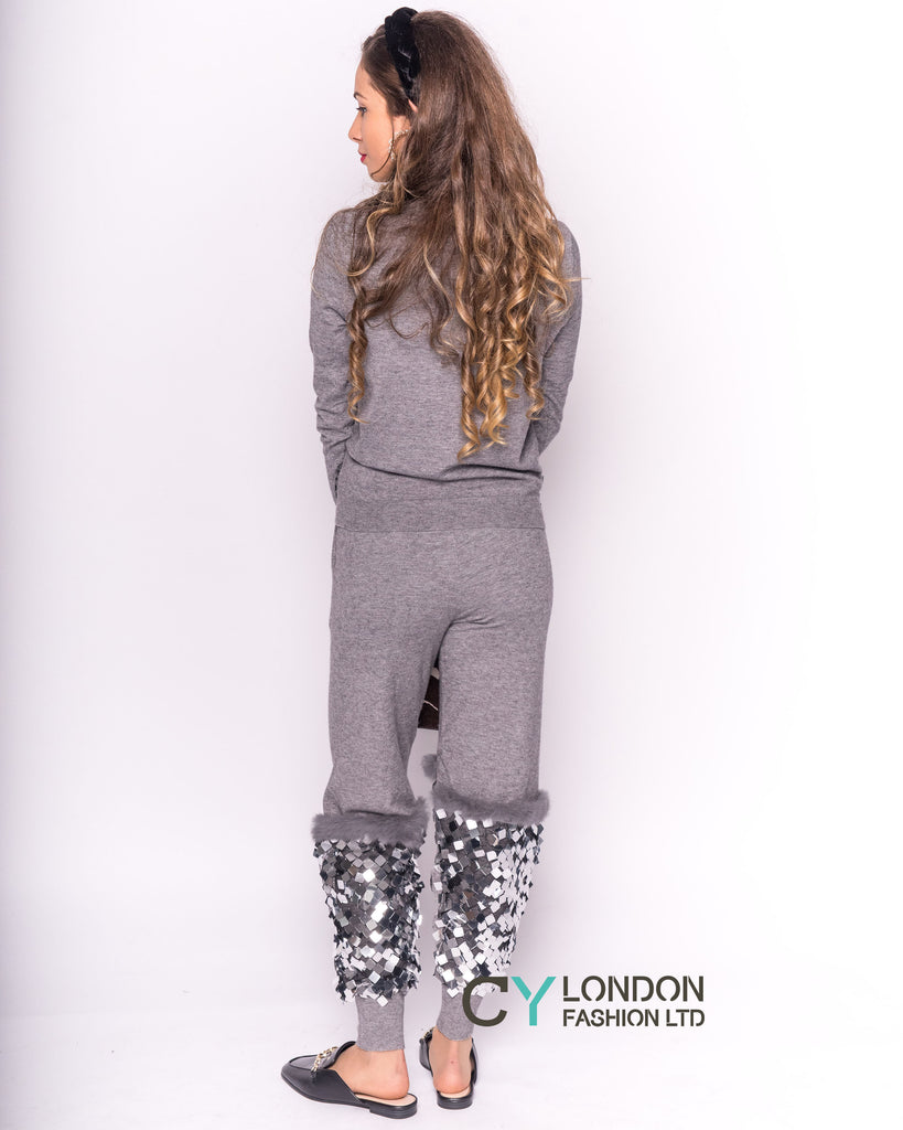 Knit Top & Trousers Co-Ord with Faux fur & Sequins