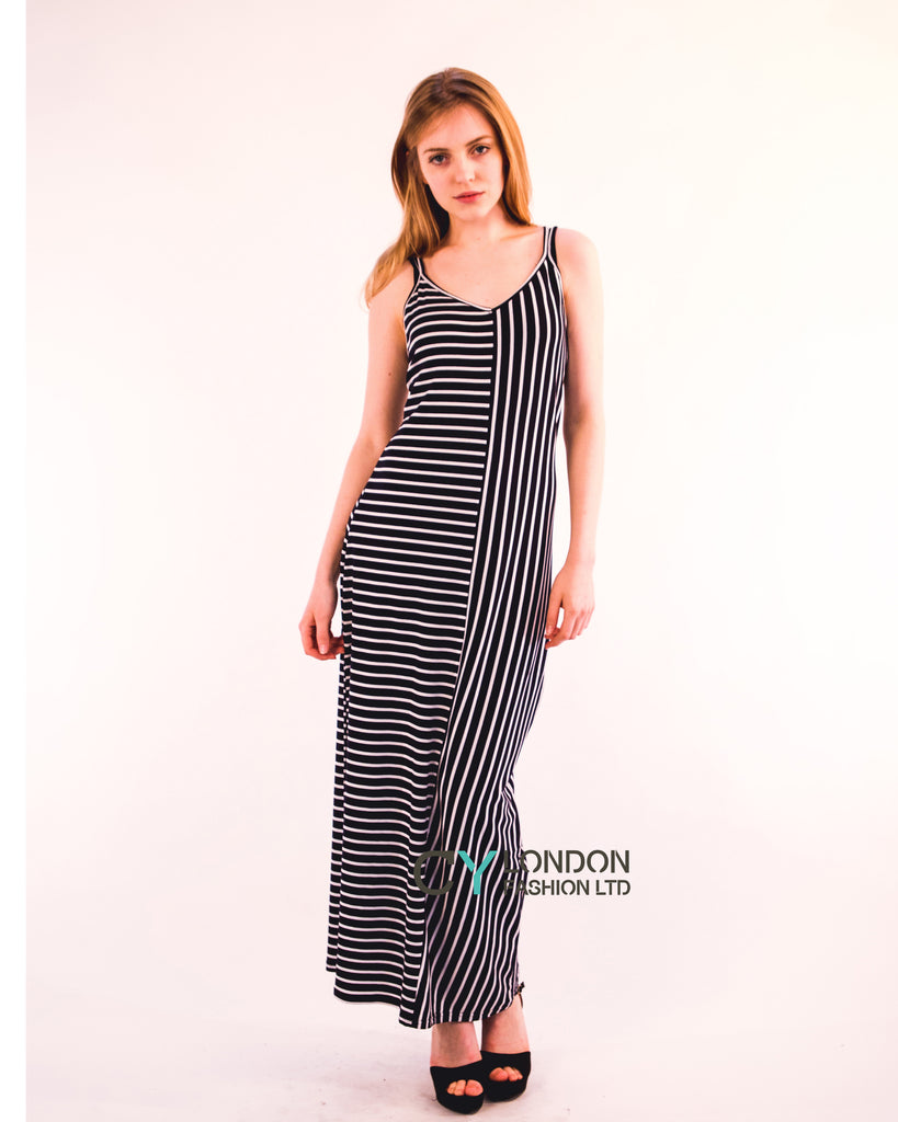 Double strip navy white stripe Maxi dress (BLACK)