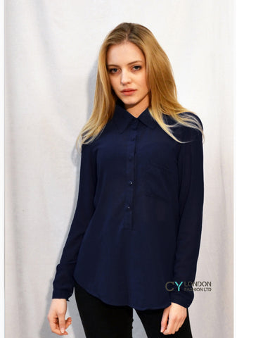 Plain Color Chiffon Shirt (Navy)