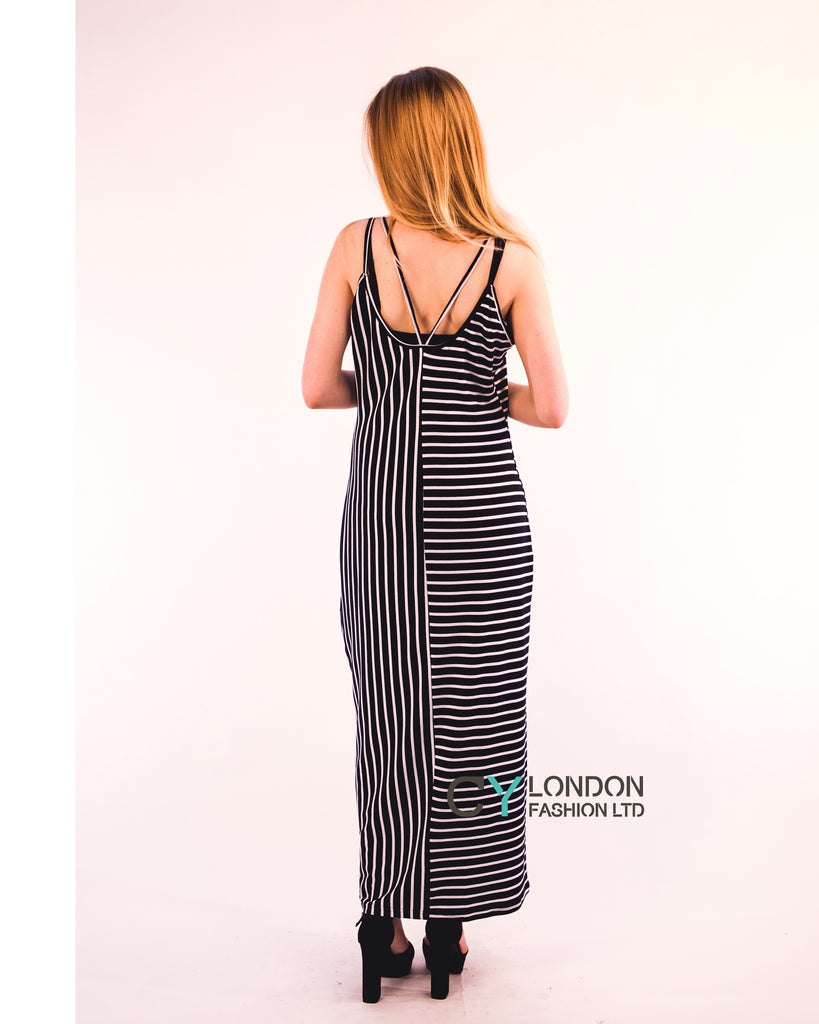 Double strip navy white stripe Maxi dress (BLACK)