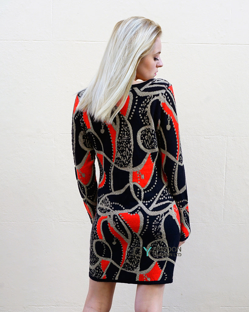 Gold Trim chain and aztec Print Jumper Dress