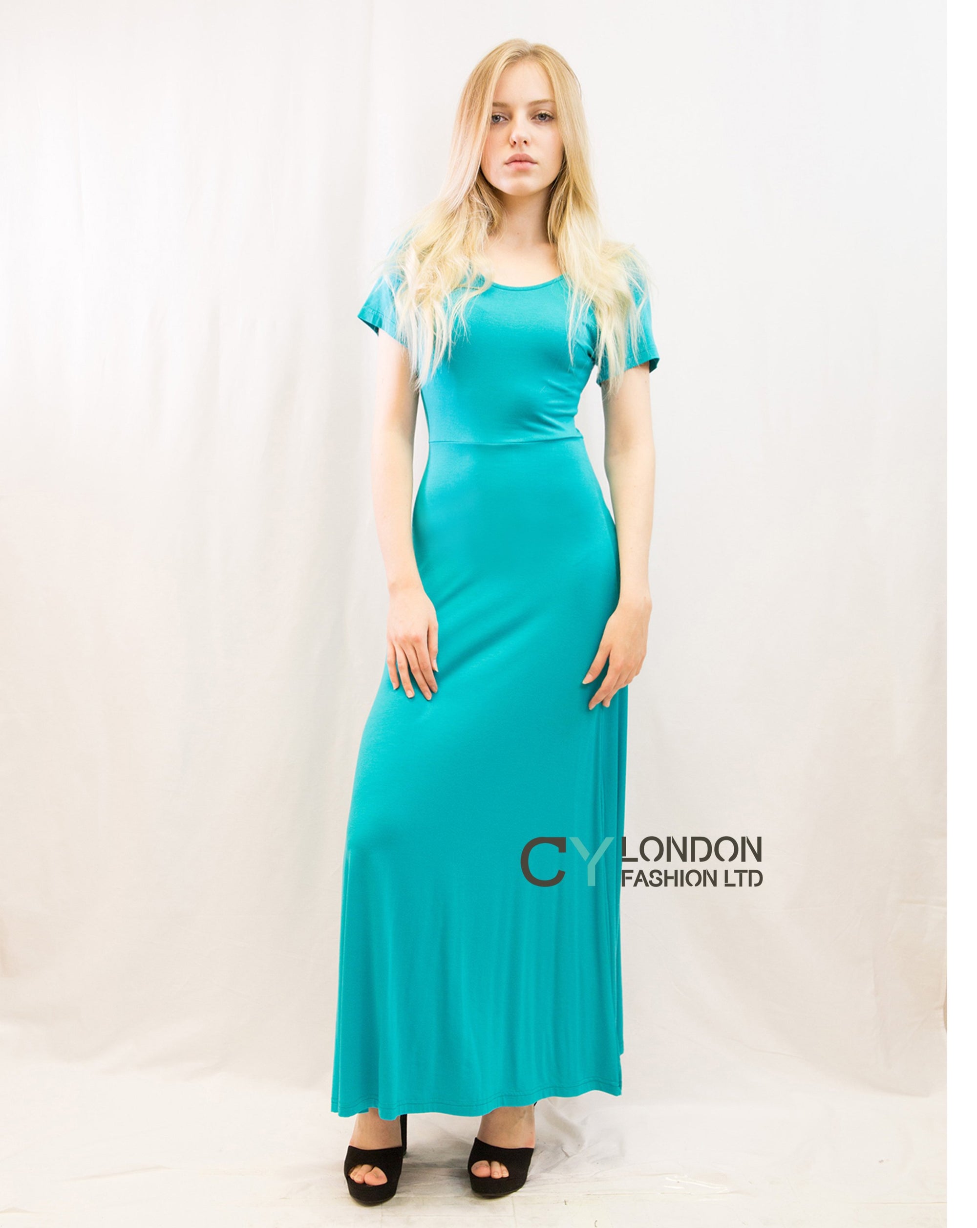 Scoop Neck Short Sleeves Cotton Maxi Dress