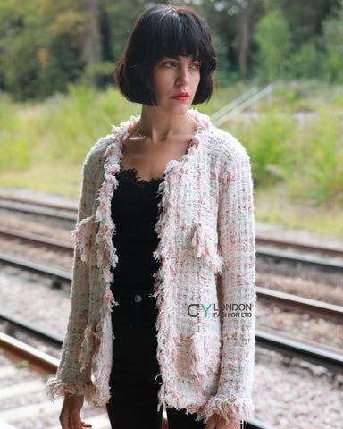White pink Color Tweed Effect Knitted Short Cardigan Jaccket