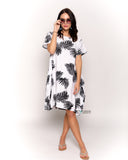 multi leaves print black white contrast cotton shift dress