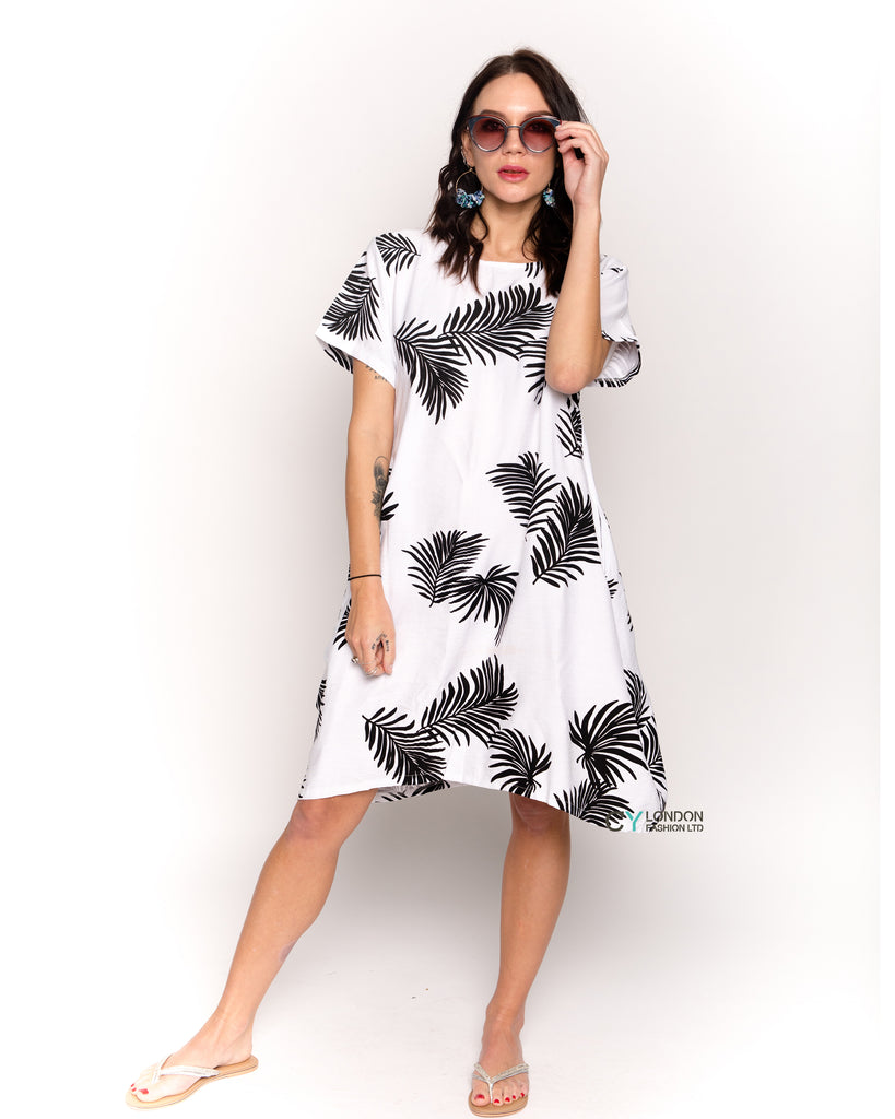 multi leaves print black white contrast cotton shift dress