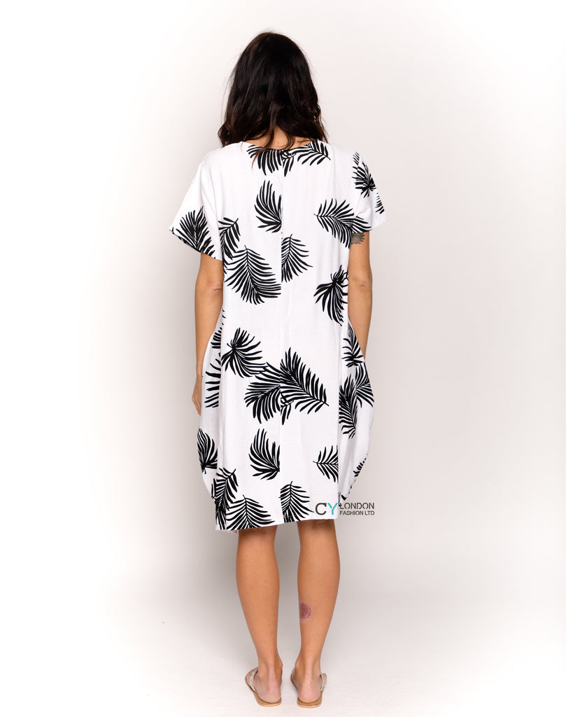 multi leaves print black white contrast cotton shift dress