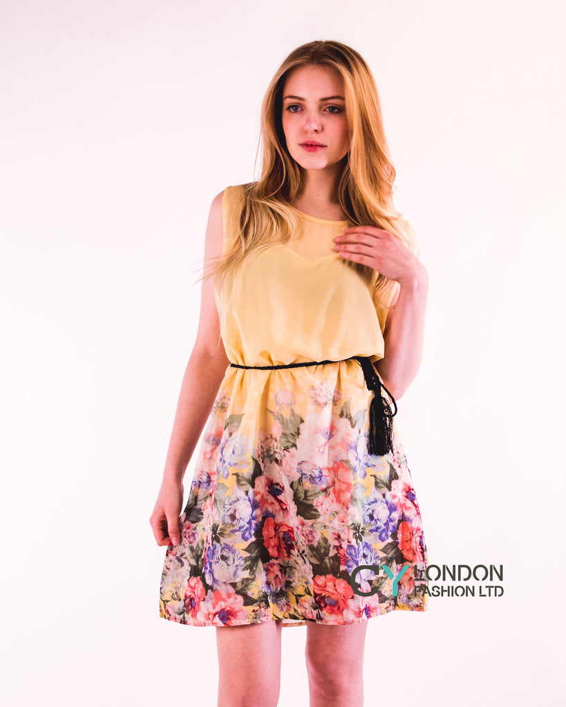 Floral Print Black Chiffon Dress (Yellow)